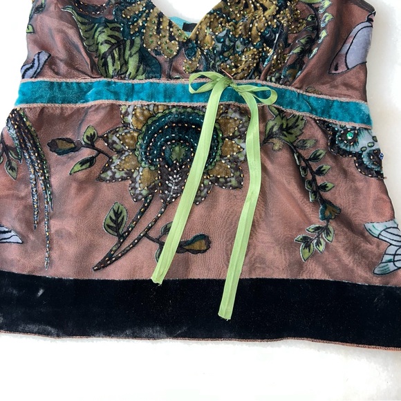 Vintage Y2K Beaded Silk Velvet Floral Boho Fairy Babydoll Mesh Tank Top - Picture 3 of 13
